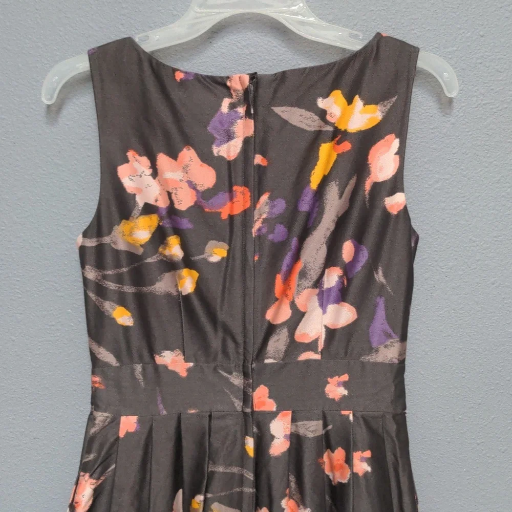 sz 6 Grey floral tea length dress sleeveless pockets fully lined hidden zipper - Picture 9 of 13
